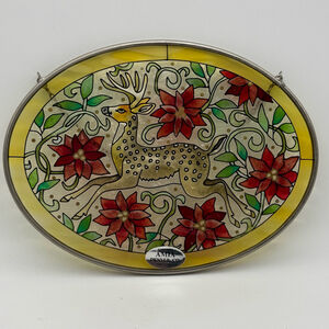 Amia Stained Glass Window Panel Deer Poinsettia Oval Yellow Red
